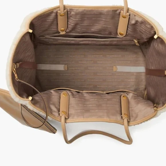 🆕 Kate Spade Everything Racing Stripe Faux Shearling Large Tote Cream Multi Bag